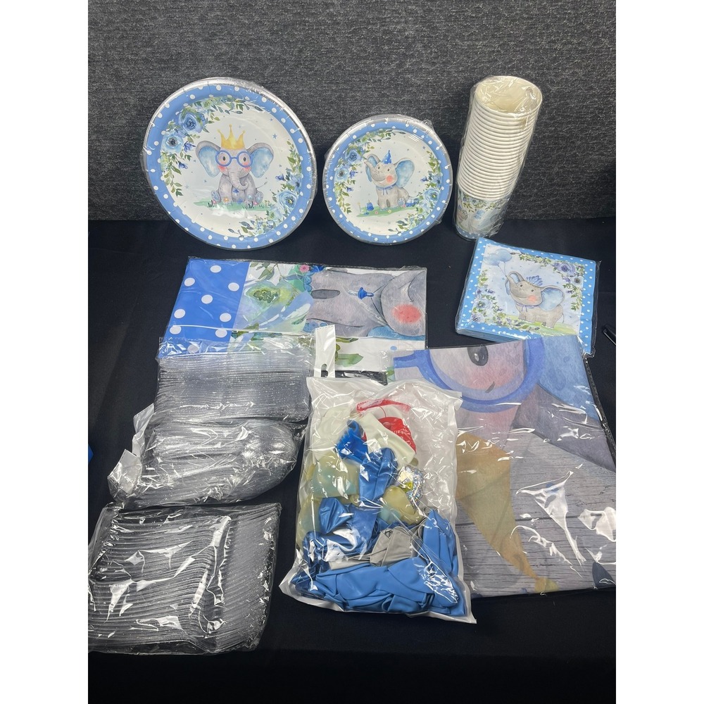 Elephant‎ Boy Baby Shower Party Supplies Set Service for 25 Blue Floral Birthday